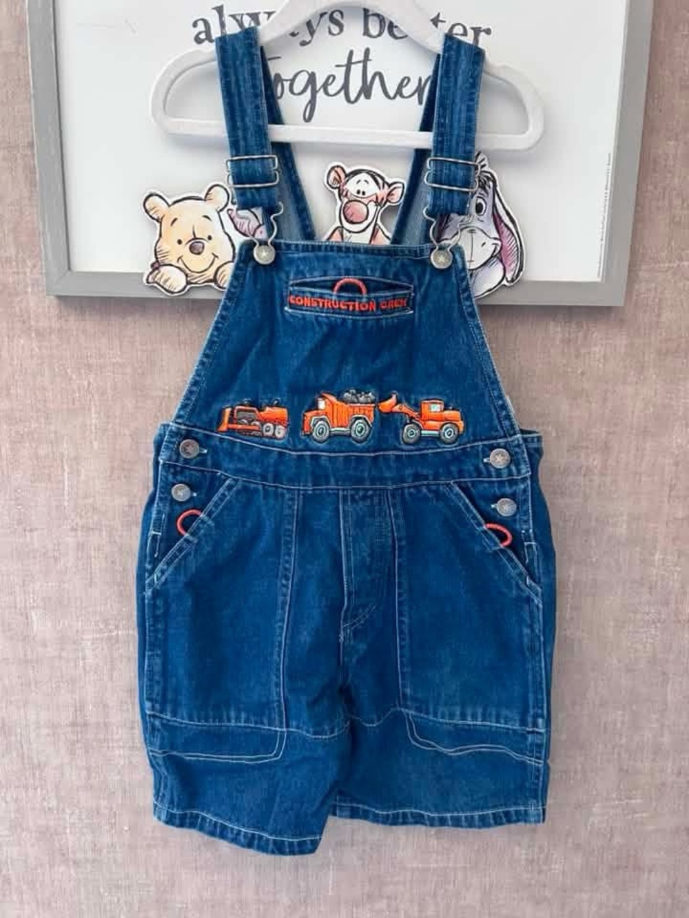Vintage Kids Headquarters Denim Shortall Overalls with construction Embroidery